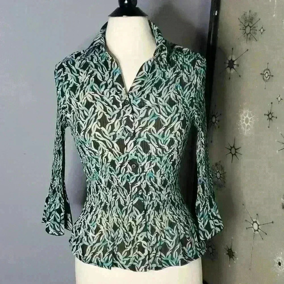 VINTAGE Y2K Notations Stretch Flounce Button Up Blouse Shirt Sz S - Picture 1 of 7